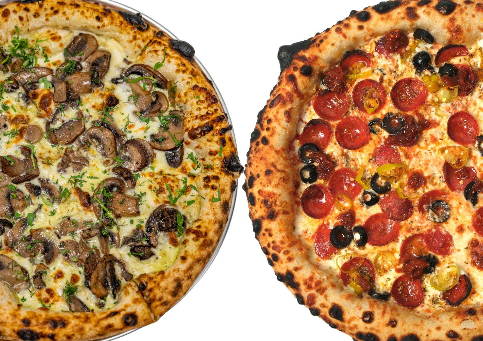 Two sourdough pizzas side by side — wild mushroom with fresh herbs, and piquante with pepperoni, black olives and banana peppers