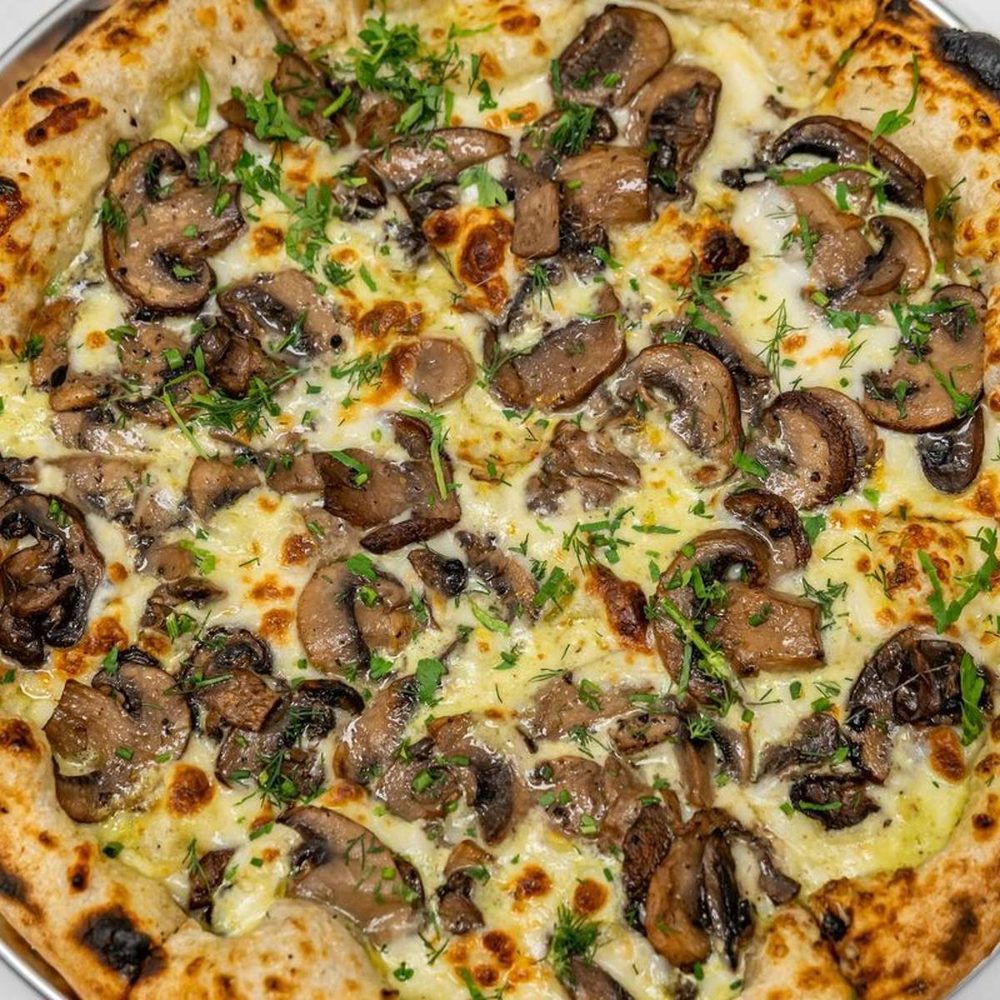 White mushroom pizza with garlic cream, melted cheese and fresh herbs
